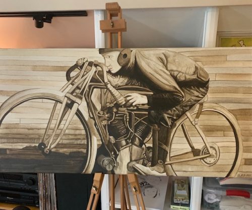 Painted canvas of very old motorcycle racer. Motorcycle Art